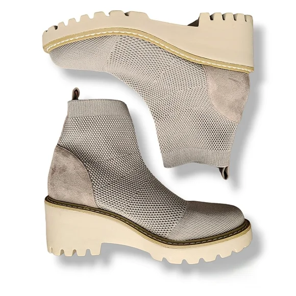 Nicole Miller Taupe-Beige Ankle Wedge Knit Sock Boots - Picture 1 of 7